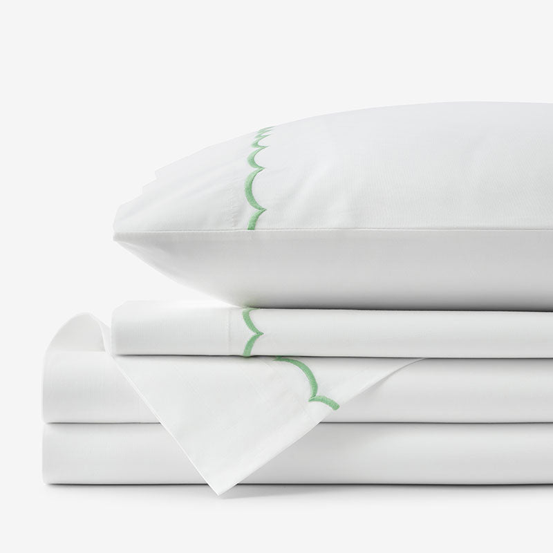 Embroidered Scallop Classic Cool Cotton Percale Bed Sheet Set - Green, Full