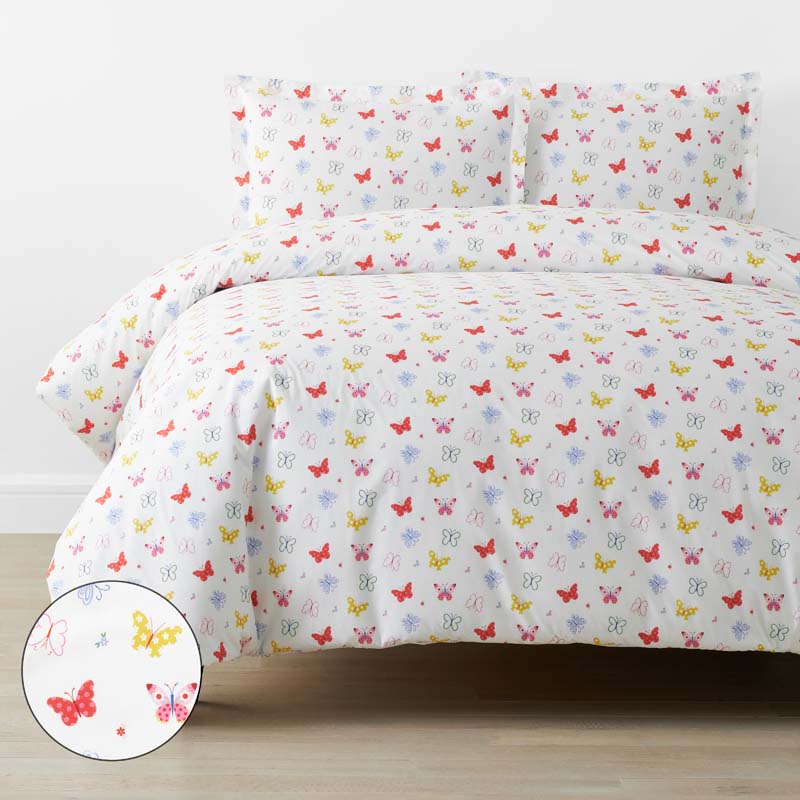 Ditsy Butterflies Classic Cool Organic Cotton Percale Duvet Cover Set - White Multi, Full
