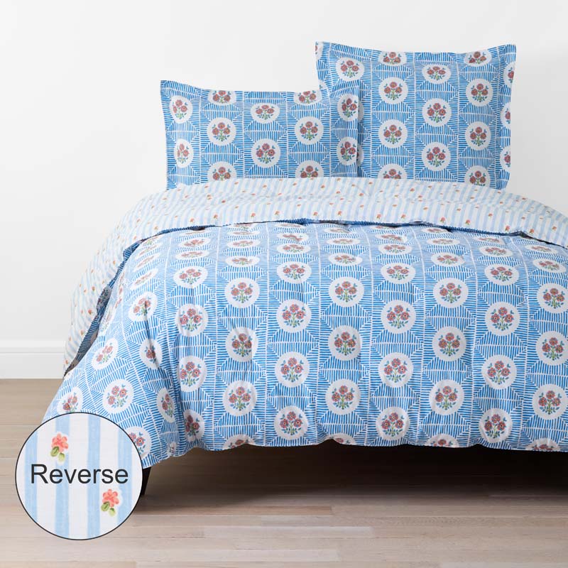 Blossoms and Stripes Classic Cool Cotton Percale Reversible Comforter - Blossom Veil, Full/Queen