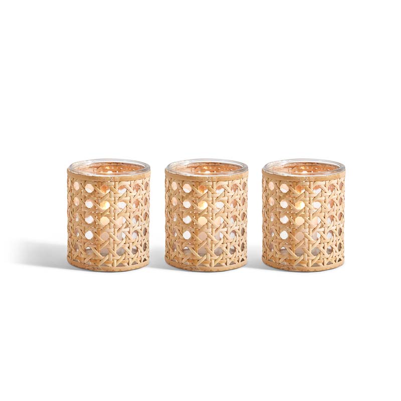 Handwoven Cane Votive Candle Holders, Set of 3 - Brown