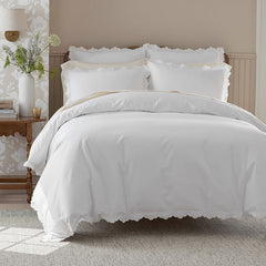 Embroidered Scallop Classic Smooth Sateen Solid Bed Sheet Set - Ivory, Twin XL