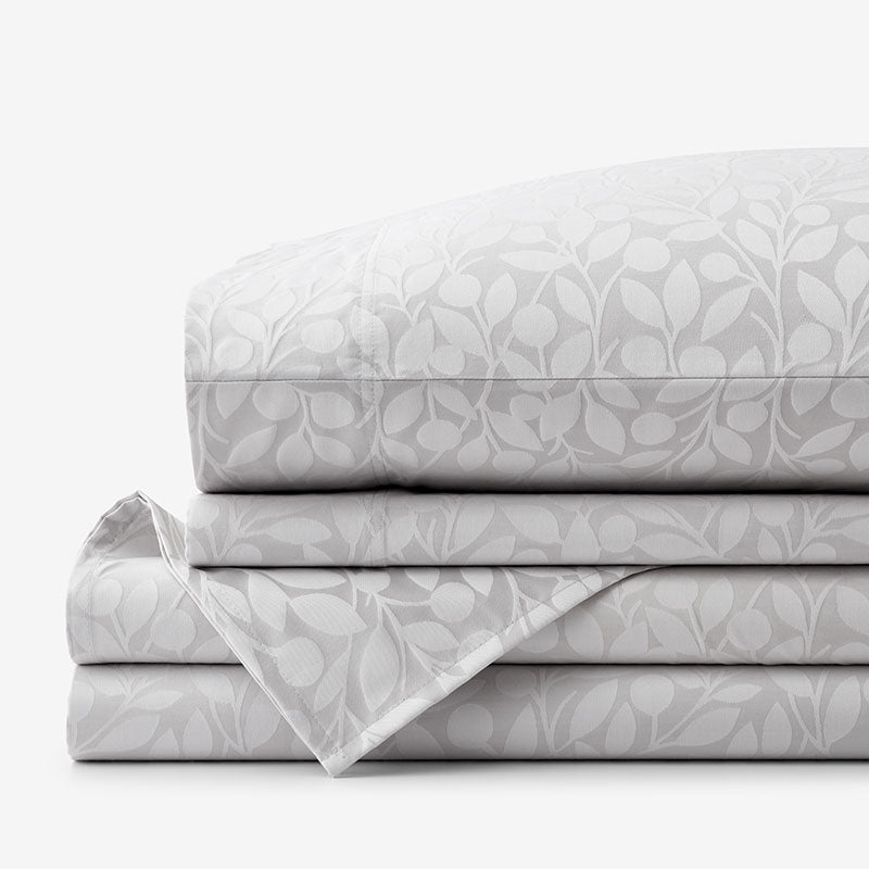 Jacquard Leaf Yarn-Dyed Premium Smooth Supima® Cotton Wrinkle-Free Sateen Bed Sheet Set - Light Gray, Queen