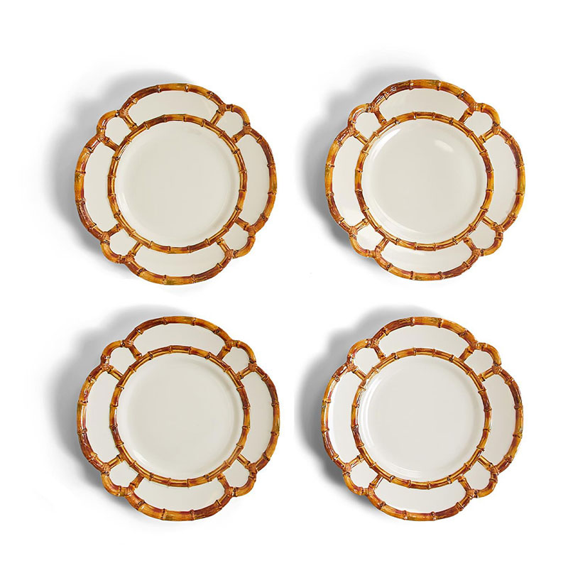 Faux Bamboo Border Melamine Dinner Plates, Set of 4 - White
