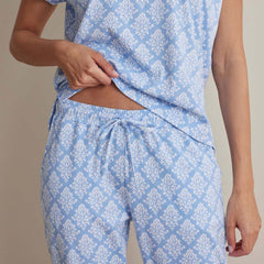 Printed Pima Cotton Women's Jogger Pants Pajama Set - Lisbon Blue, XS