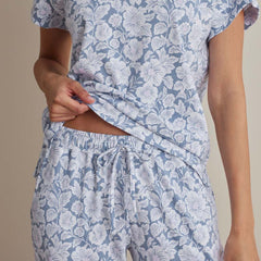 Printed Pima Cotton Women's Jogger Pants Pajama Set - Blue Garden, S