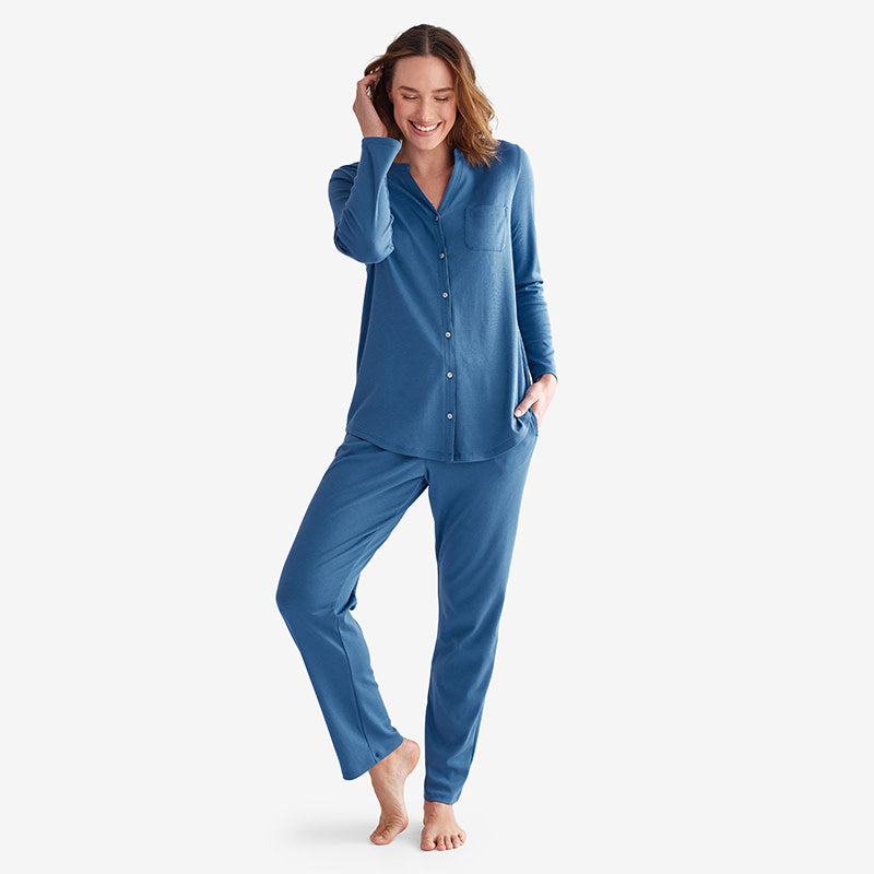 Pima Cotton Women's Button-Down Pajama Set - Blue Denim, XL