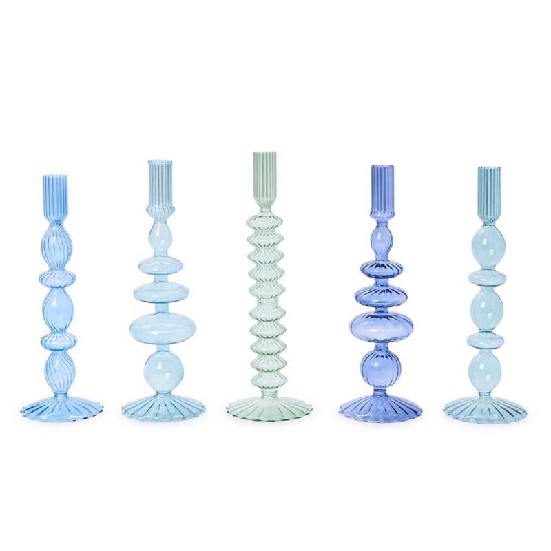 Hand-Blown Glass Taper Candlestick Candle Holders, Set of 5 - Blue