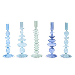 Hand-Blown Glass Taper Candlestick Candle Holders, Set of 5 - Blue