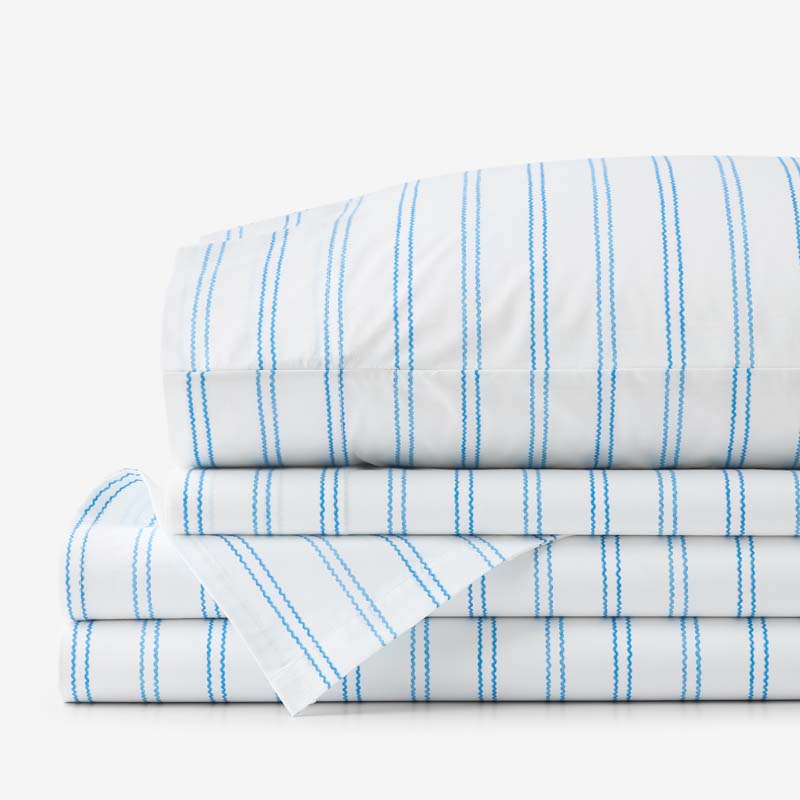 Blossoms and Stripes Classic Cool Cotton Percale Bed Sheet Set - Squiggle Stripe, Queen