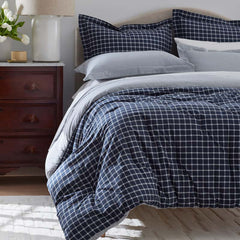 Classic Stripes and Plaids Cool Yarn-Dyed Cotton Percale Reversible Comforter - Windowpane White/Navy, Full