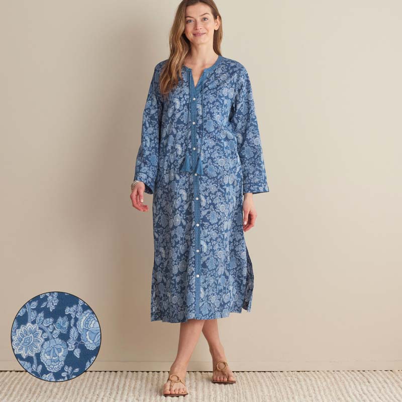 Printed Voile Women's Caftan - Indigo Floral, L