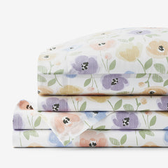Pastel Poppies Classic Cool Organic Cotton Percale Bed Sheet Set - White Multi, Queen