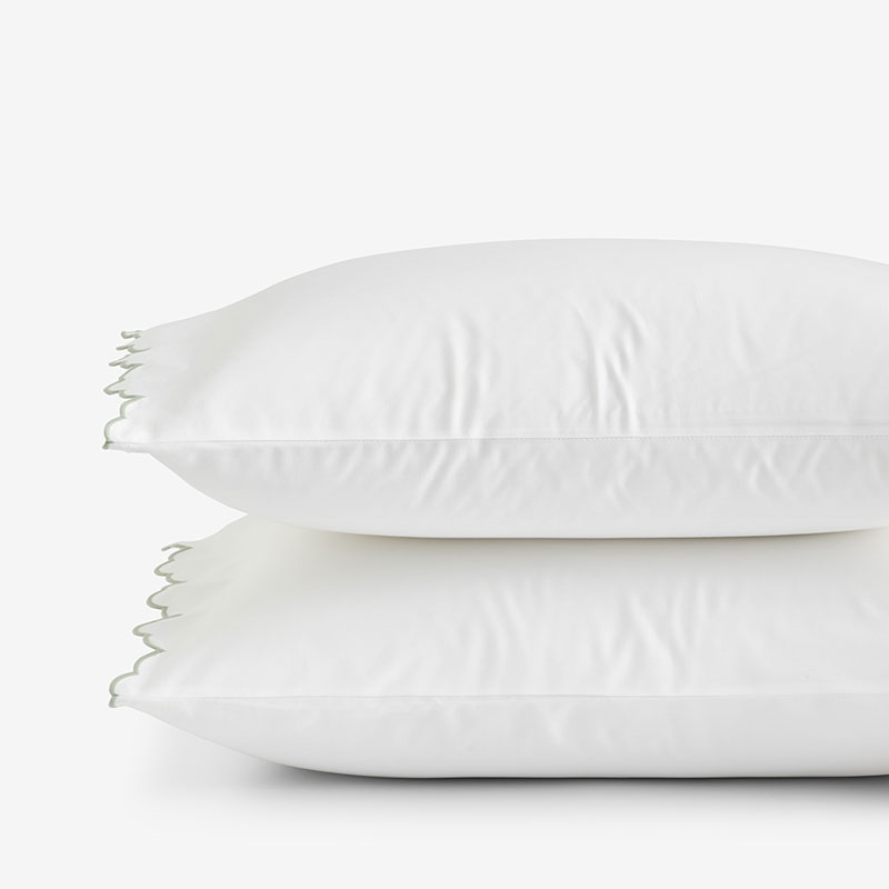 Embroidered Scallop Classic Smooth Sateen Solid Pillowcase Set - Light Sage, Standard