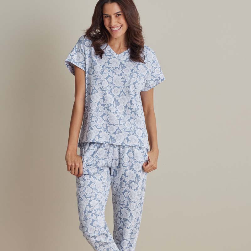 Printed Pima Cotton Women's Jogger Pants Pajama Set - Blue Garden, M