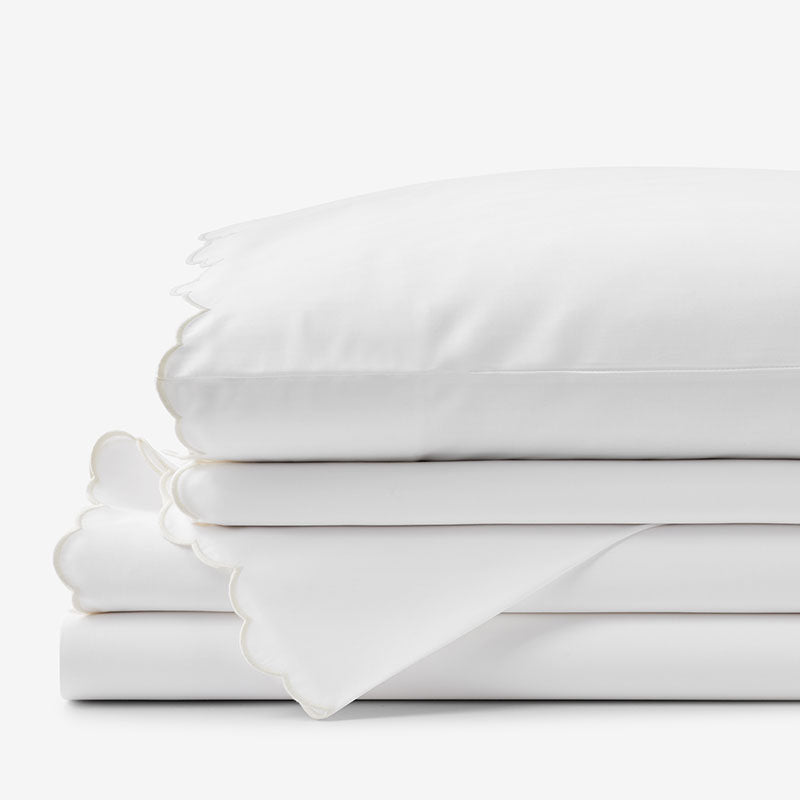 Embroidered Scallop Classic Smooth Sateen Solid Bed Sheet Set - Ivory, Full