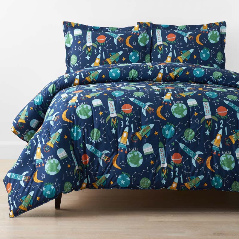 Planets and Rockets Classic Cool Organic Cotton Percale Comforter Set - Navy Multi, Full/Queen