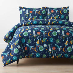 Planets and Rockets Classic Cool Organic Cotton Percale Comforter Set - Navy Multi, Twin/Twin XL