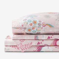 Fancy Unicorns Classic Cool Organic Cotton Percale Bed Sheet Set - Pink Multi, Full