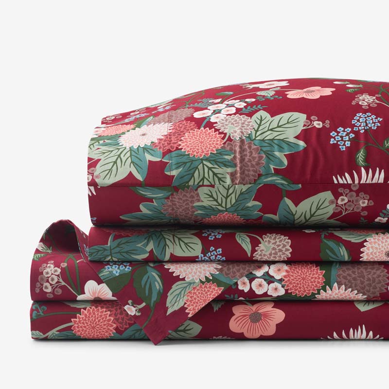 Dahlia Classic Cool Cotton Percale Bed Sheet Set - Dark Red, Twin