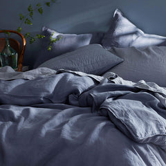Premium Breathable Washed Linen Solid Flat Bed Sheet - Denim Blue, Queen
