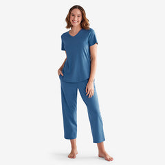 Pima Cotton Women's Cropped Pajama Set - Blue Denim, L
