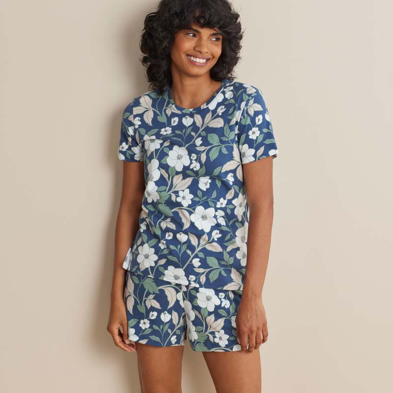 Printed Pima Cotton Women's Shorts Set - Twilight Blossom, XS
