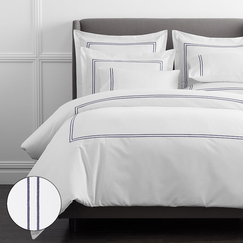 Dorset Stripe Luxe Smooth Egyptian Cotton Sateen Duvet Cover - Blue, Full/Queen