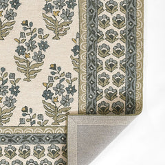 Floral Border Hand Tufted Wool Rug -  Green, 8' Runner