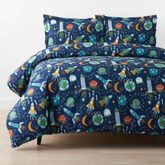 Planets and Rockets Classic Cool Organic Cotton Percale Duvet Cover Set - Navy Multi, Full/Queen