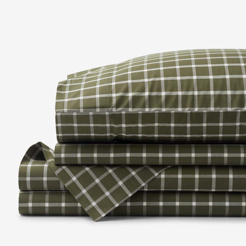 Classic Stripes and Plaids Cool Yarn-Dyed Cotton Percale Bed Sheet Set - Windowpane Green, Twin XL