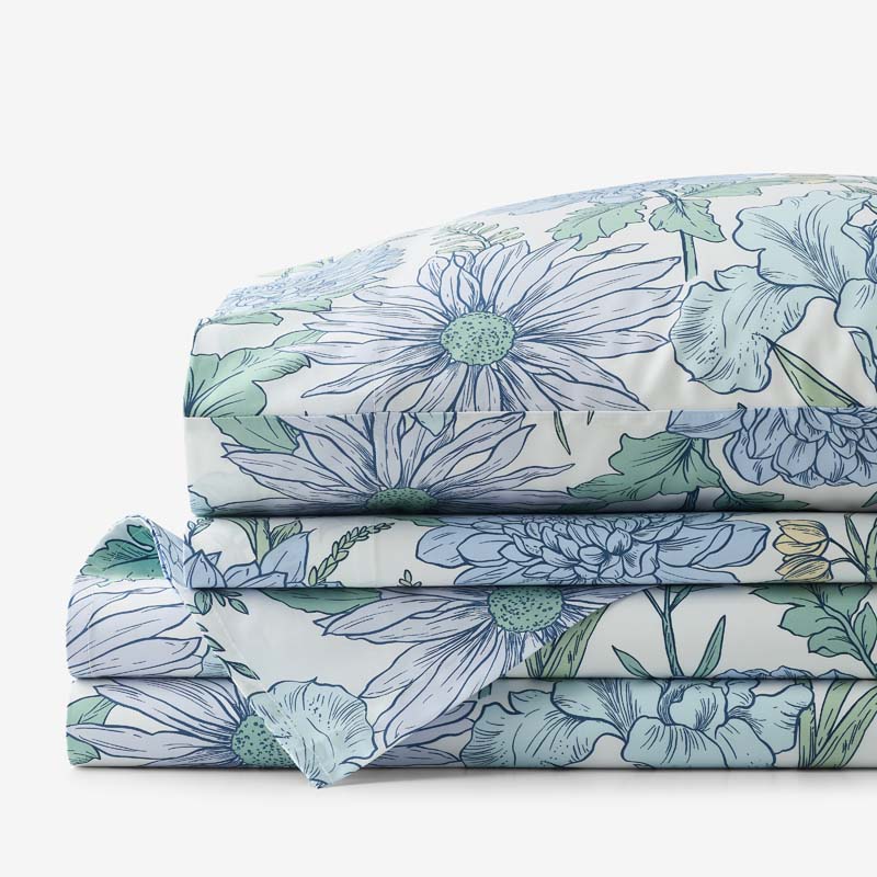 Garden Bliss Classic Smooth Sateen Bed Sheet Set - Blue Multi, Full