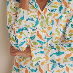 Printed Poplin Women's Button-Down Pajama Set - Spring Birds, XXL