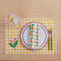 Floral Plaid Reversible Cocktail Napkins, Set of 4 - Yellow