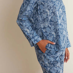 Printed Voile Women's Cropped Pajama Set - Indigo Floral, XXL