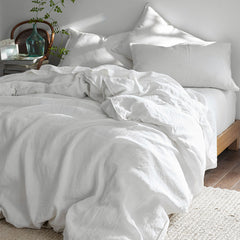 Premium Breathable Washed Linen Solid Fitted Bed Sheet - White, Queen