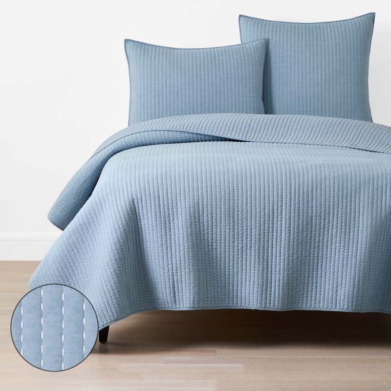 Fara Textured Kantha Quilt - Blue, King/Cal. King