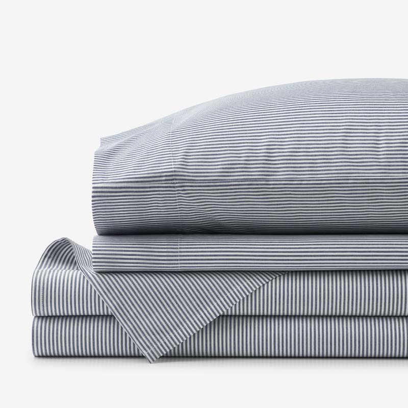 Classic Stripes and Plaids Cool Yarn-Dyed Cotton Percale Bed Sheet Set - Stripe White/Blue, King