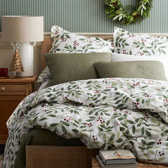Holiday Print Classic Ultra-Cozy Cotton Velvet Flannel Duvet Cover - Berries and Leaves, Full/Queen