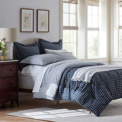 Classic Stripes and Plaids Cool Yarn-Dyed Cotton Percale Reversible Comforter - Windowpane White/Navy, Twin/Twin XL