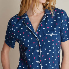 Printed Poplin Women's Shorts Set - Navy Hearts, XXL
