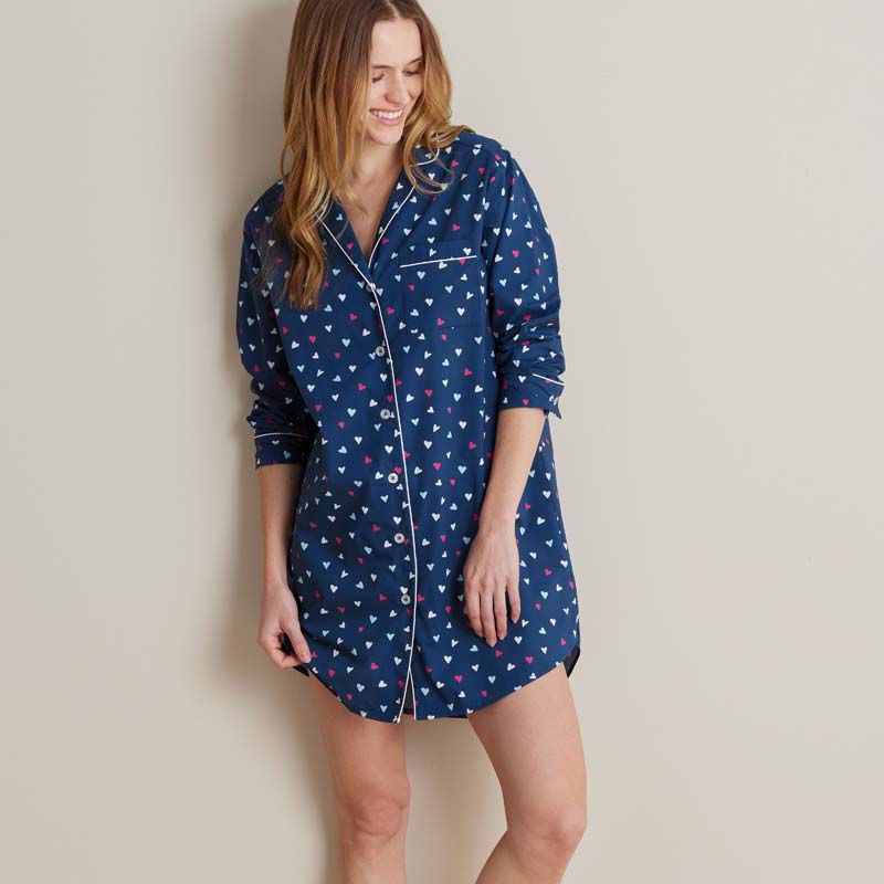 Printed Poplin Women's Nightshirt - Navy Hearts, XL