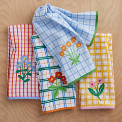 Floral Plaid Kitchen Towel Sets - Red, Set of 2