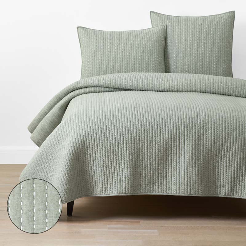 Fara Textured Kantha Quilt - Green, Twin/Twin XL