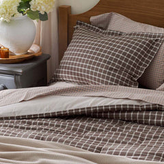 Classic Stripes and Plaids Cool Yarn-Dyed Cotton Percale Reversible Comforter - Windowpane Brown, King/Cal. King