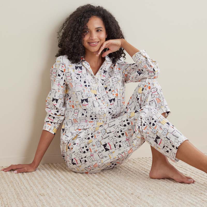 Printed Poplin Women's Button-Down Pajama Set - Kittie Party, L
