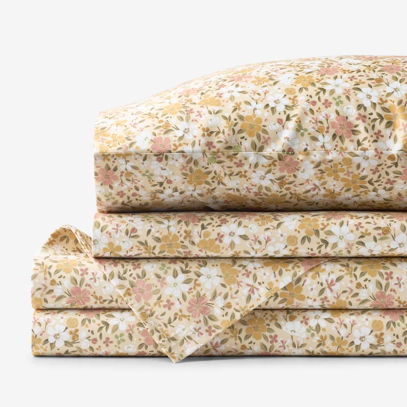 Joyful Floral Classic Smooth Sateen Bed Sheet Set - Gold, Queen