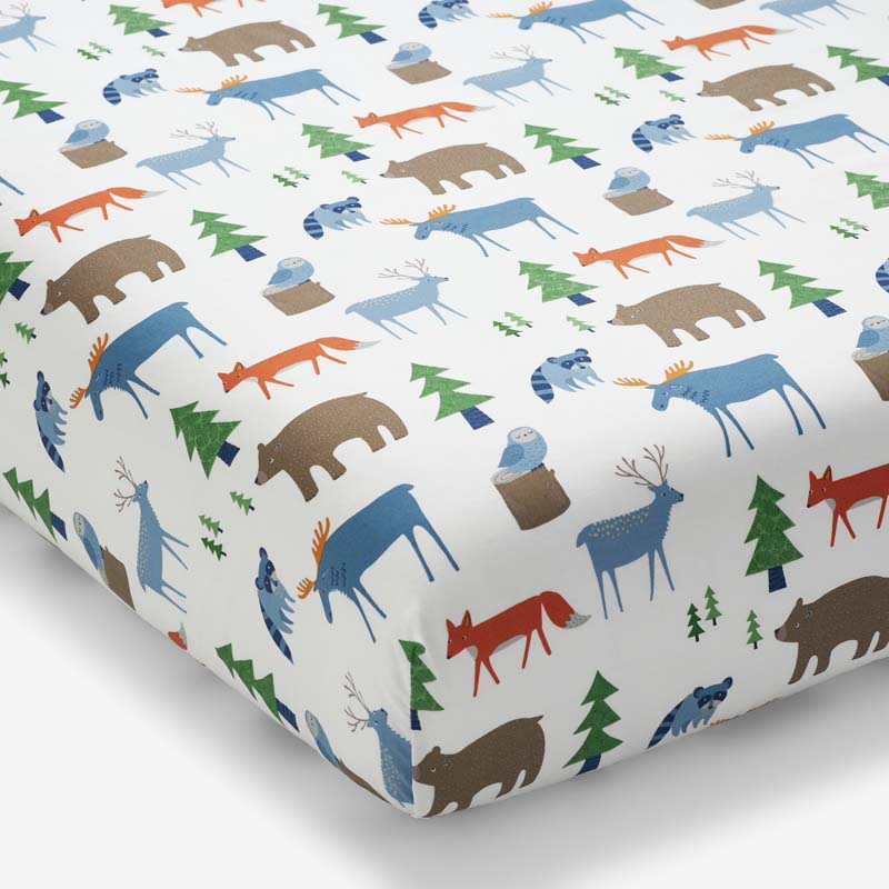 Forest Friends Classic Cool Organic Cotton Percale Fitted Crib Sheet - White Multi