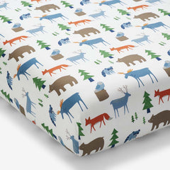 Forest Friends Classic Cool Organic Cotton Percale Fitted Crib Sheet - White Multi