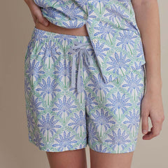 Printed Poplin Women's Shorts Set - Blue Palm, M