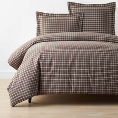 Classic Stripes and Plaids Cool Yarn-Dyed Cotton Percale Duvet Cover - Windowpane Brown, King/Cal. King